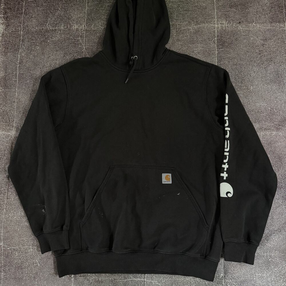 Men's Carhartt Black White Sleeve Spell Out Hoodie Pullover Work Sweatshirt Sz L
